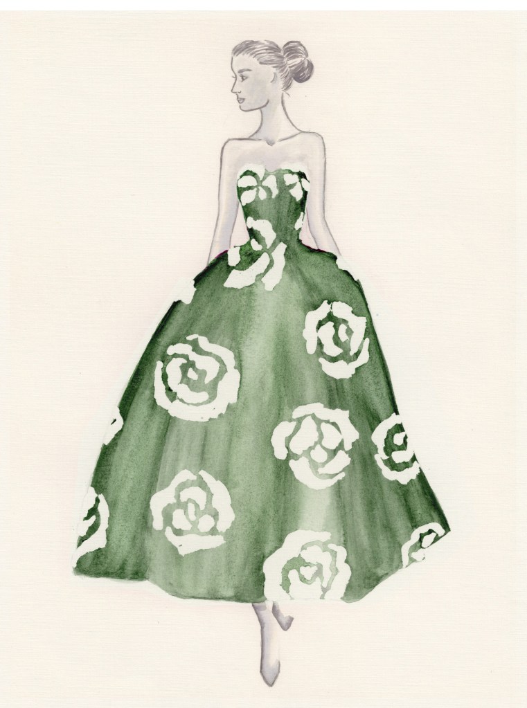 Ilustracion de moda femenina con vestido verde con estampado floral hecho a mano con acuarelas.