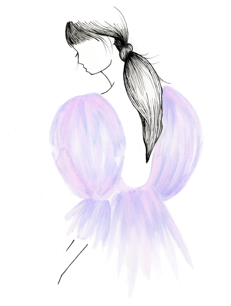 Ilustracion de moda femenina con hombreras tonos pastel hecho a mano con acuarelas.