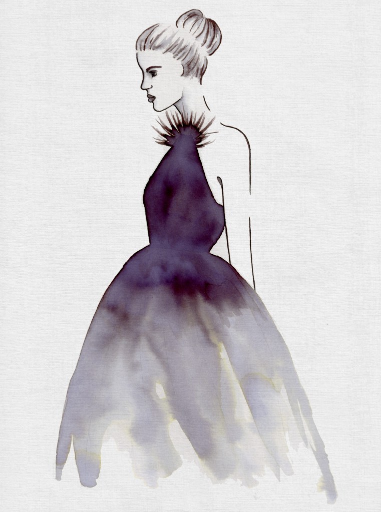 Ilustracion de moda femenina con vestido largo y pelo recogido hecho a mano con acuarelas.