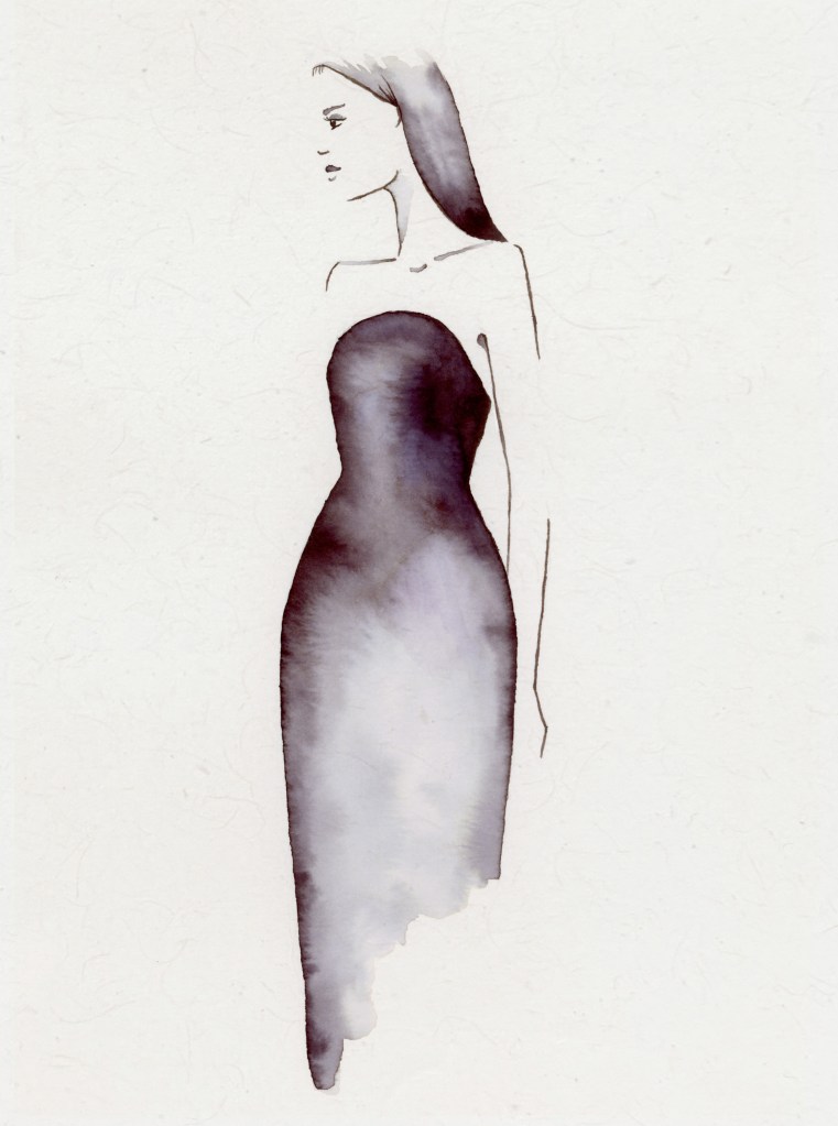 Ilustracion de moda femenina con vestido de gala negro hecho a mano con tinta china.