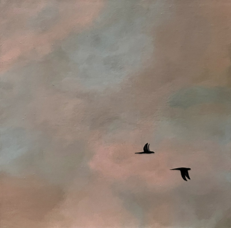 Pintura al oleo abstracto simulando un cielo con nublado con pajaros volando hecha a mano